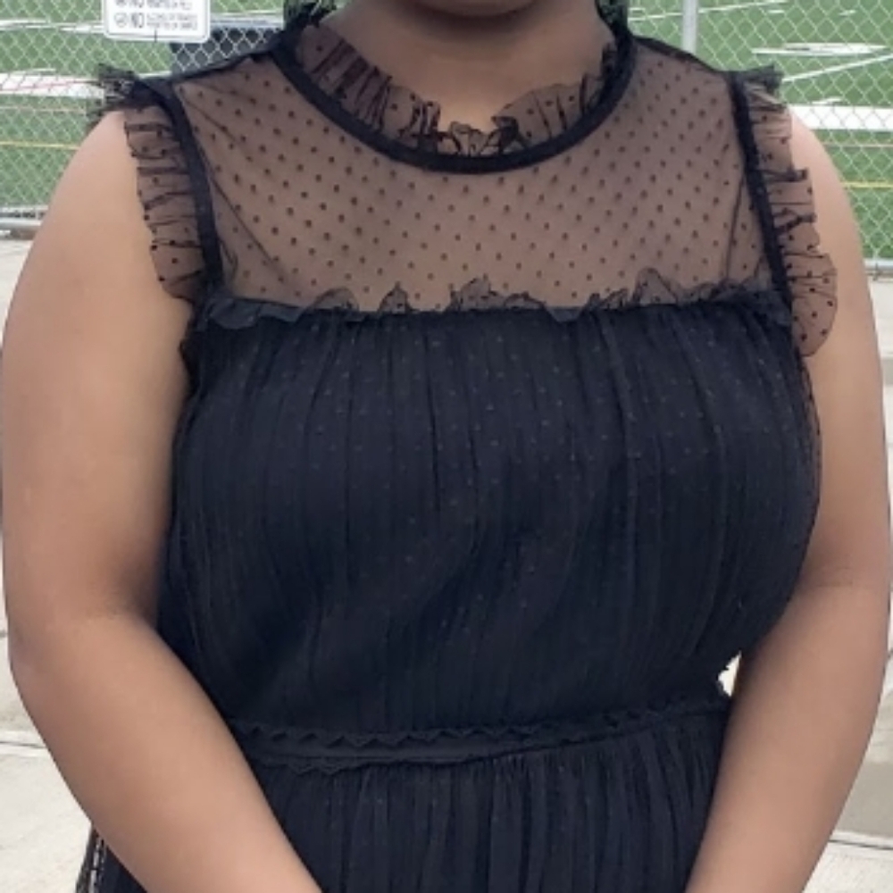 Cute Polka Dot & Ruffle detail Lined Black Dress - Picture 2 of 5